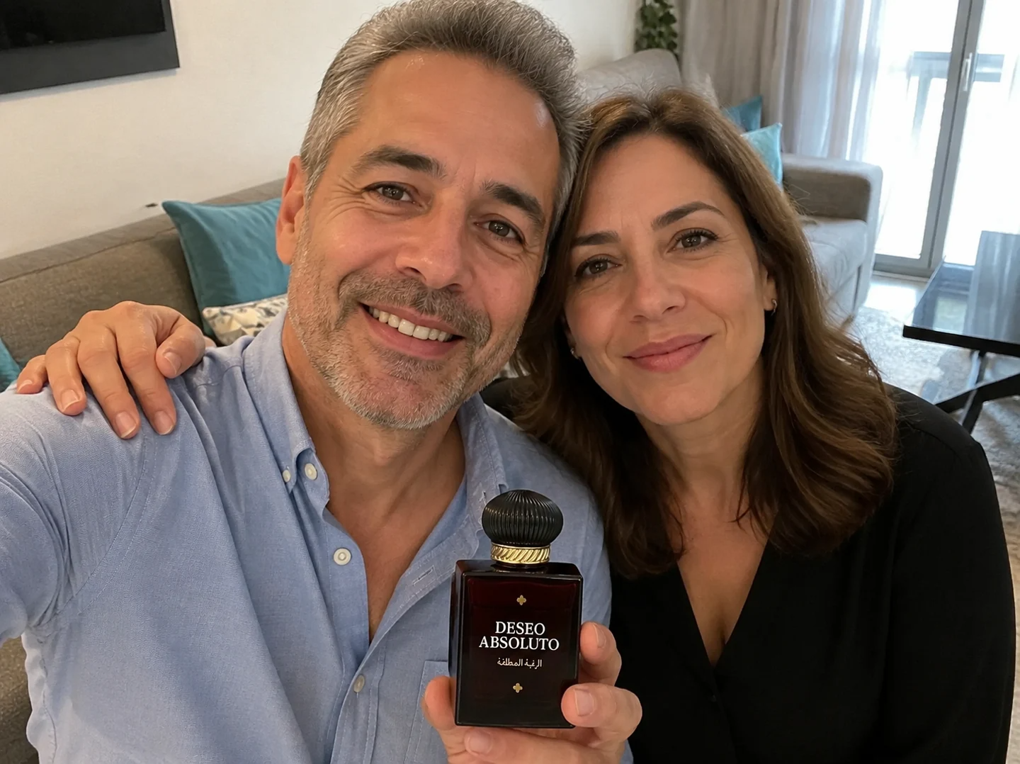 Una pareja adulta en casa con el nuevo frasco de Deseo Absoluto